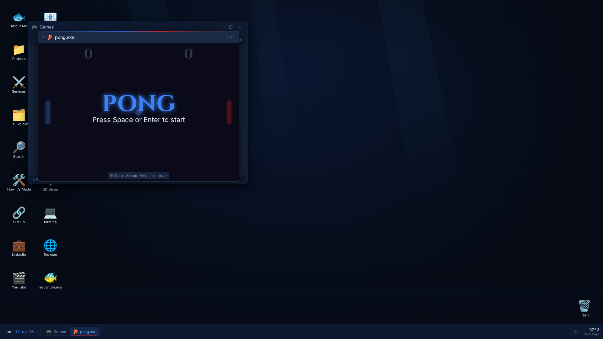 Pong running in a window on the Tetra-OS desktop